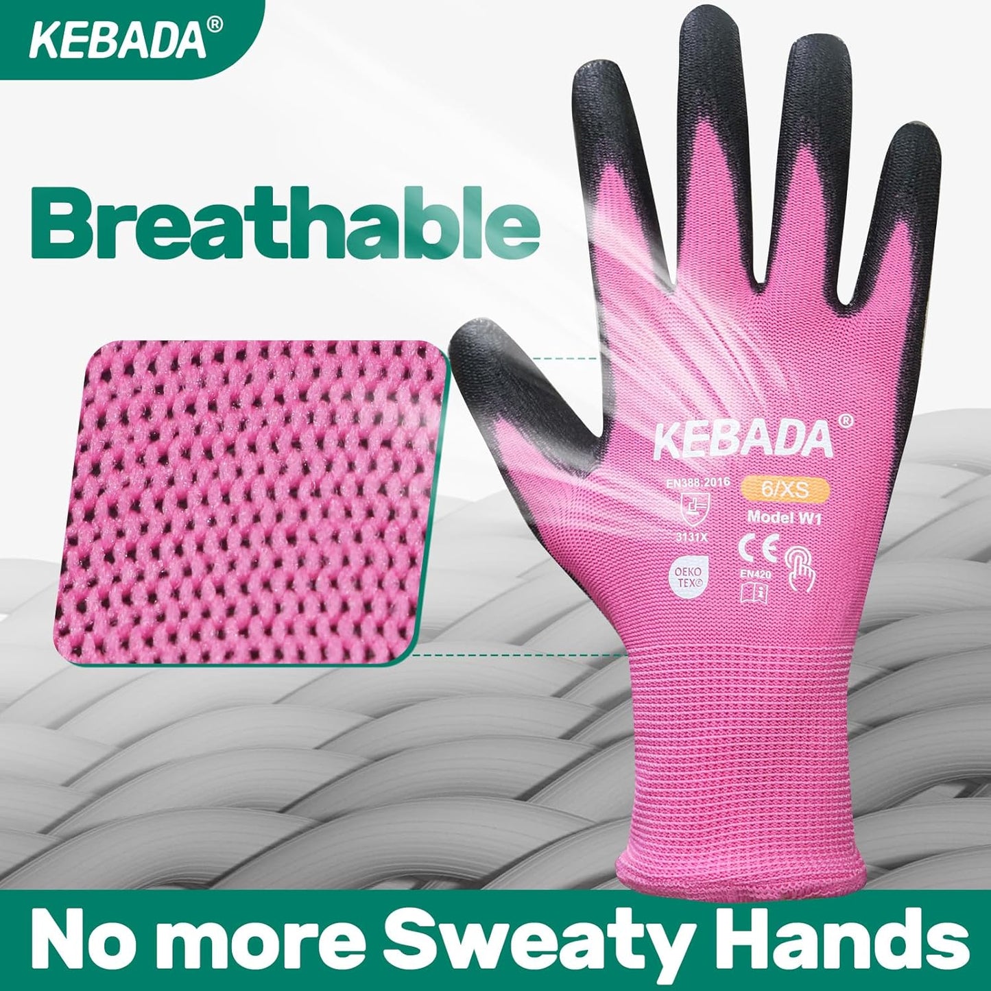 Kebada W1 Work Gloves Women, PU Coated Safety Gloves with Grip, Touchscreen, Ideal for Warehouse Package Handling, Construction, Gardening, Pink Large