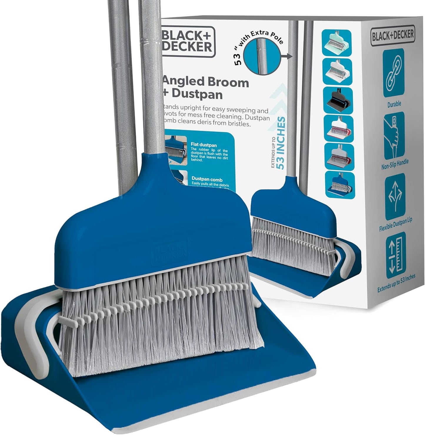BLACK+DECKER Butler Broom & Dustpan Set - Stand-Up Design - Lightweight, Space-Saving Combo for Kitchen, Living Room, Bathroom, Lobby Floors - Home Cleaning Essential, Ocean Blue