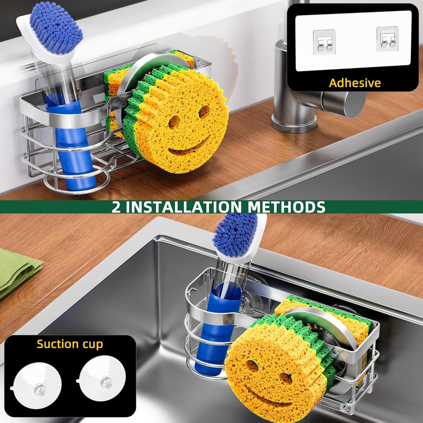 Cisily Smiley Sponge Holder for Kitchen Sink Caddy, Stainless Steel Movable Brush Holder Dish Cloth Hanger, Suction Cup Sink Caddy Organizer Scrubber Accessories (Silver)
