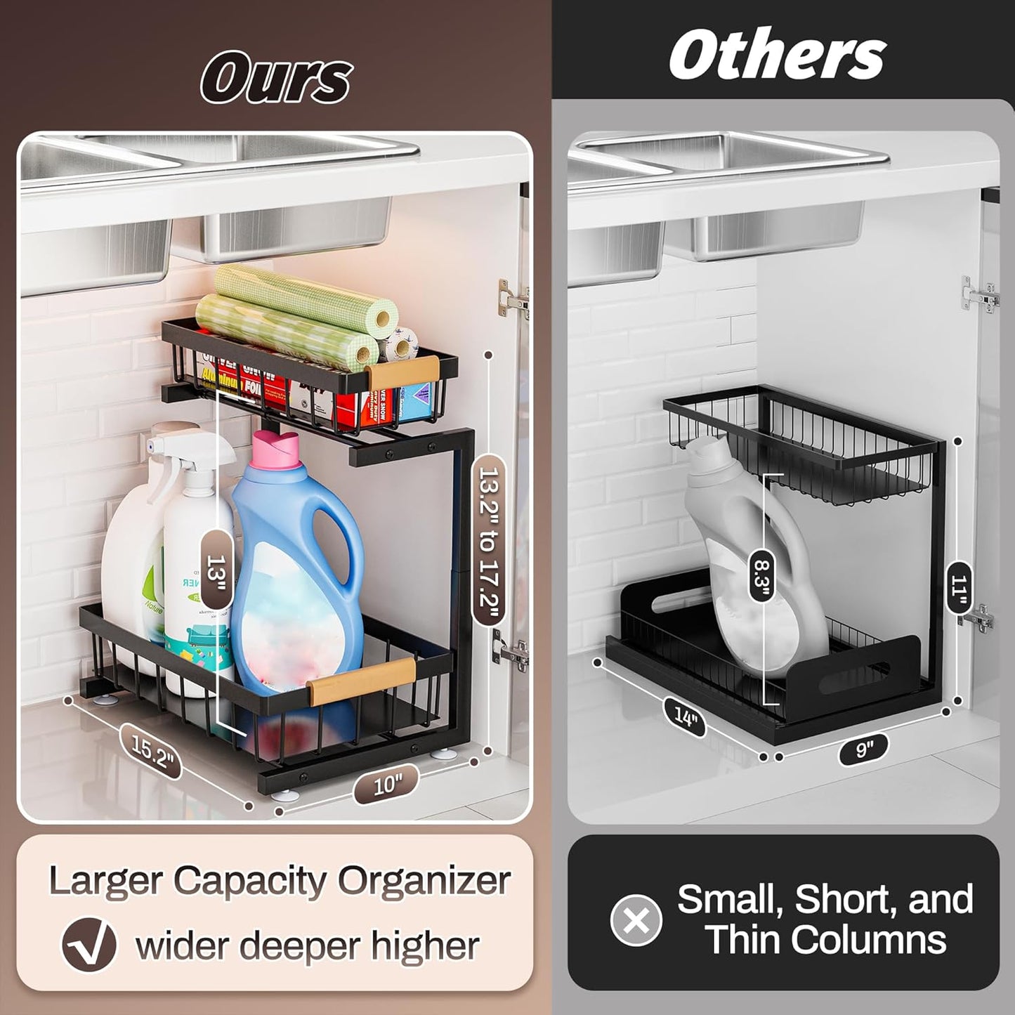 ADBIU Under Sink Organizer, 2 Pack 2 Tier Expandable Height (13.2" - 17.2") Pulling Out Kitchen Bathroom Cabinet Organizers