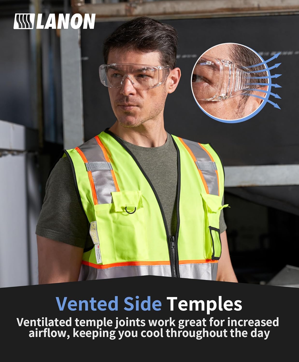 LANON 3 Pack Safety Glasses Over Eyeglasses,ANSI Z87.1 Standard,Anti-Fog & Scratch,Peripheral Protection, High Transmission,Anti-UV,Wrap Around Clear Safety Goggles