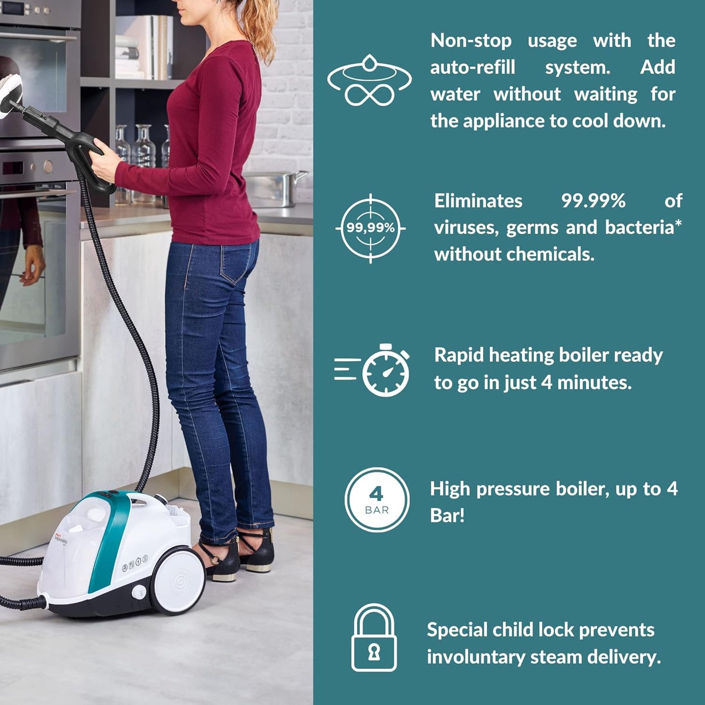 POLTI Vaporetto Smart 100 Steam Cleaner with Unlimited Steam Technology, Sanitize Floors, Carpets and Surfaces Adjustable High Power Steam Pressure Up to 58 PSI with 10 Accessories 1 Year Warranty