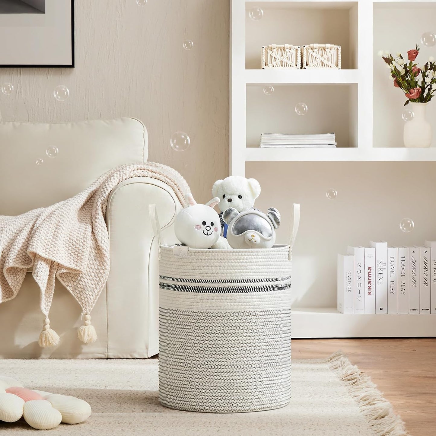 VIPOSCO Tall Laundry Basket, Large Dirty Clothes Hamper with Leather Handle, Woven Rope Storage Basket for Blanket, Toy In Living Room, Bathroom, Bedroom - 53L Stripe White