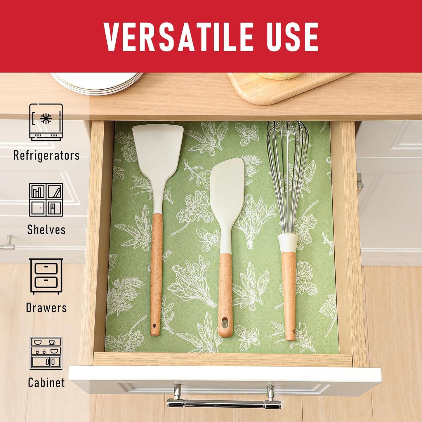 Cooyes Shelf Liner for Refrigerator & Drawer, Non-Adhesive Cabinets Liner for Kitchen Cupboard & Fridge, Breathable Cloth Material, Vegetable-Patterned, 6 Pack 12“ × 24”, Sage Green