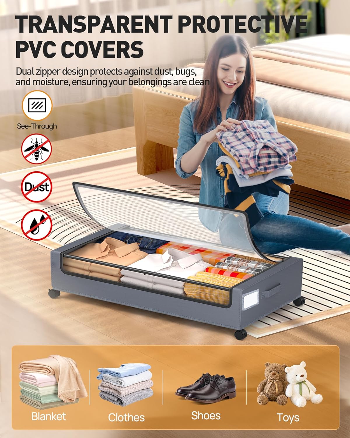 Under Bed Storage with Wheels, Square Under Bed Storage Containers, 4 Pack Under The Bed Storage Bins, Under Organizer with Clear Lids-60L Rolling Underbed Storage For Clothes, Shoes...