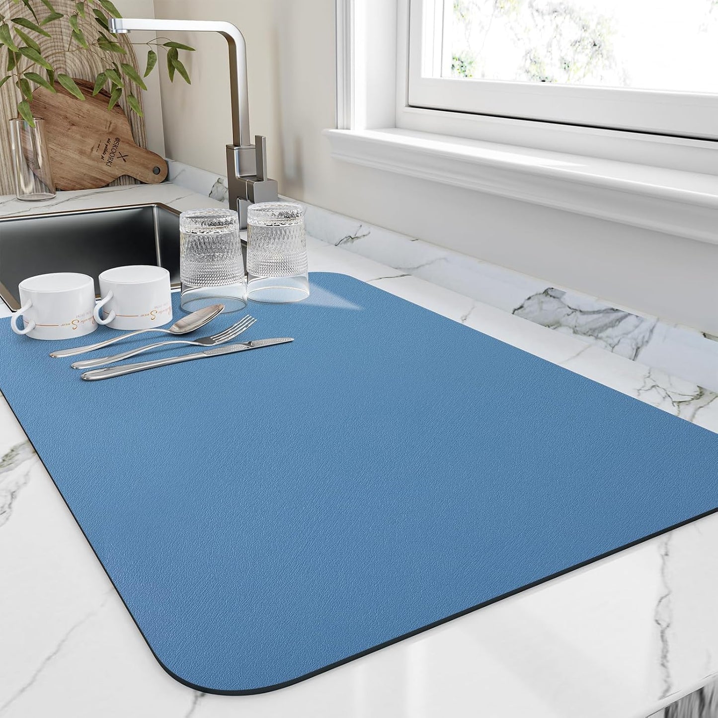 Dish Drying Mat for Kitchen Counter, Heat Resistant Drainer Mats with Non-slip Rubber Backed, Hide Stain Kitchen Super Absorbent Draining Mat, Easy to Clean Dish Rack Pad, Blue 18"x32"