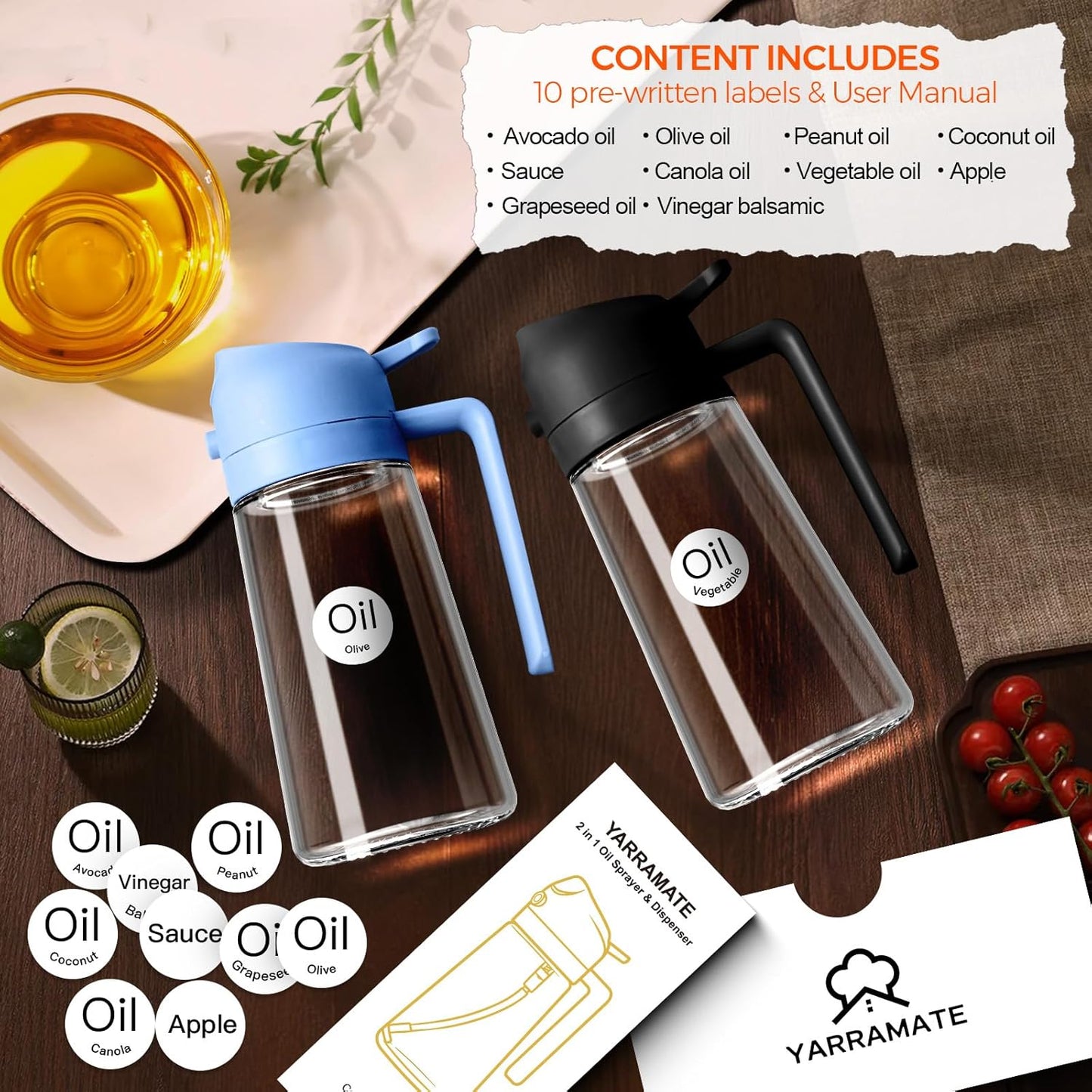 YARRAMATE 16oz/470ml Glass Olive Oil Sprayer for Cooking with Stickers, 2 in 1 Oil Dispenser for Kitchen Gadgets, Food Grade Premium Spray Bottle with Portion Control for Salad, BBQ(SkyBlue)