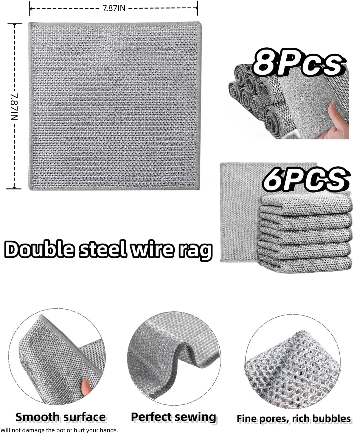 Stainless Steel Scrubber and Cleaning Rags - Non Scratch Wire Dishcloth for Washing Dishes, Steel Wool Scrubber and Dish Towels for Kitchen (6PCS)