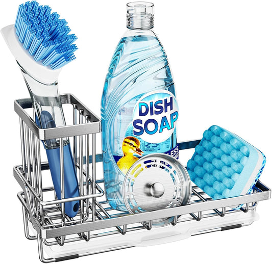 Consumest Sink Caddy, Kitchen Sponge Holder with Dish Brush Holder, Kitchen Organizer with Drip Tray for Countertop, Stainless Steel Rustproof - Silver