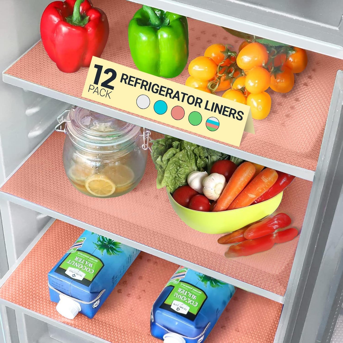 Refrigerator Liners for Shelves (12 Pack) by Linda’s Essentials - Non-Adhesive Shelf or Drawer Liner, BPA-Free Fridge Mats for Kitchen & Cabinets, Easy to Clean, Ideal Household Essentials (Pink)