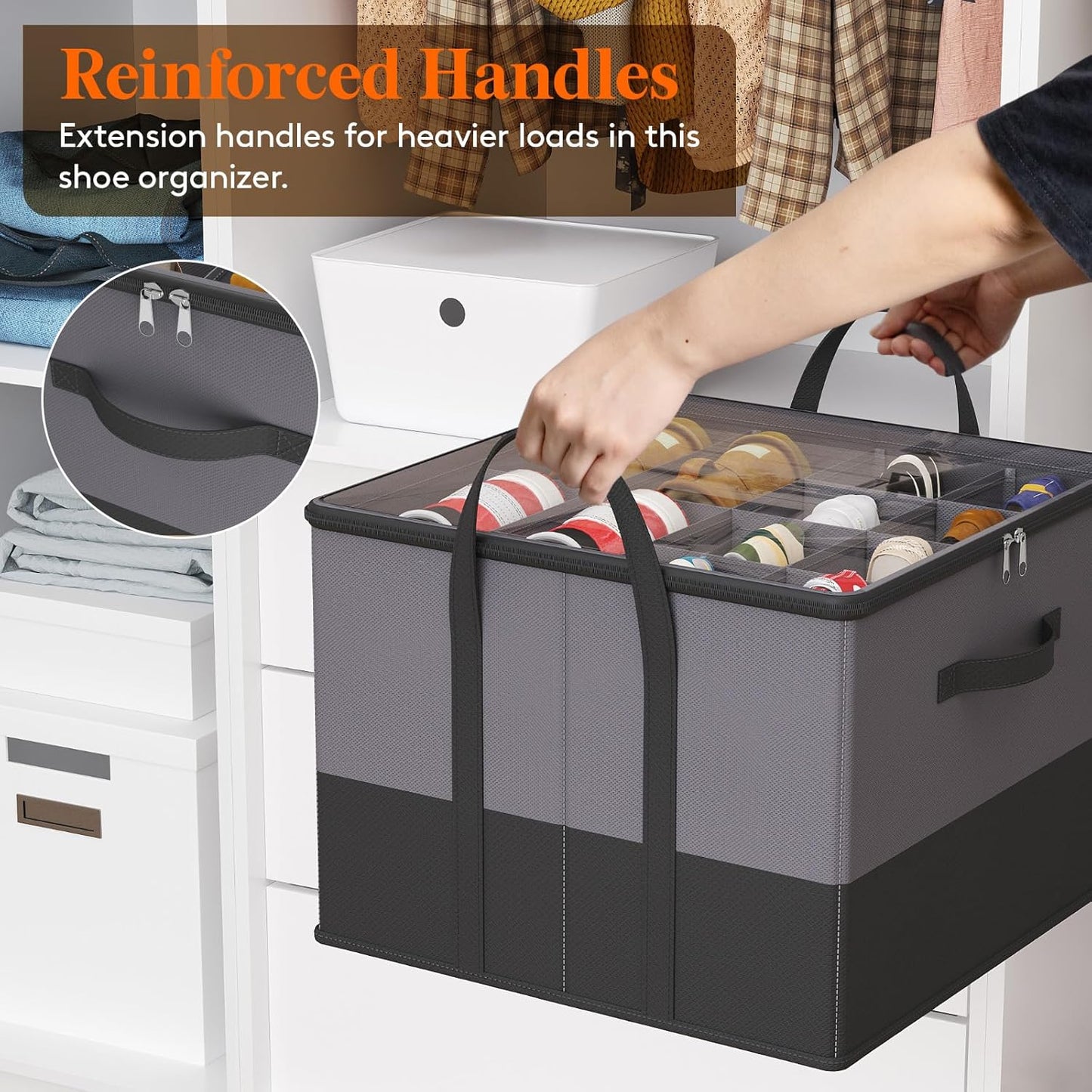 Lifewit Shoe Storage Organizer for Closet Fits 12-16 Pairs, Fabric Large Shoe Box Storage Containers with Clear Cover, Foldable Bins Fit for Boots Sneakers 17"(L) x 17"(W) x 12.5"(H) Gray and Black