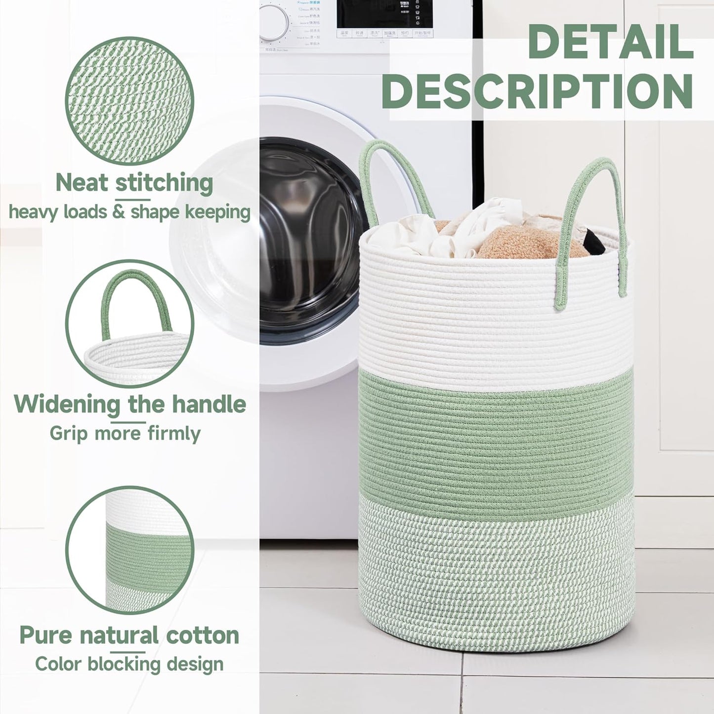 CLHMILY&Z 60L Laundry Basket Round Storage Rope Basket - 15x20.5 Inches - Green Hamper in Bedreoom and Cute Storage Bin for Blankets, Toys, and Nursery Essentials
