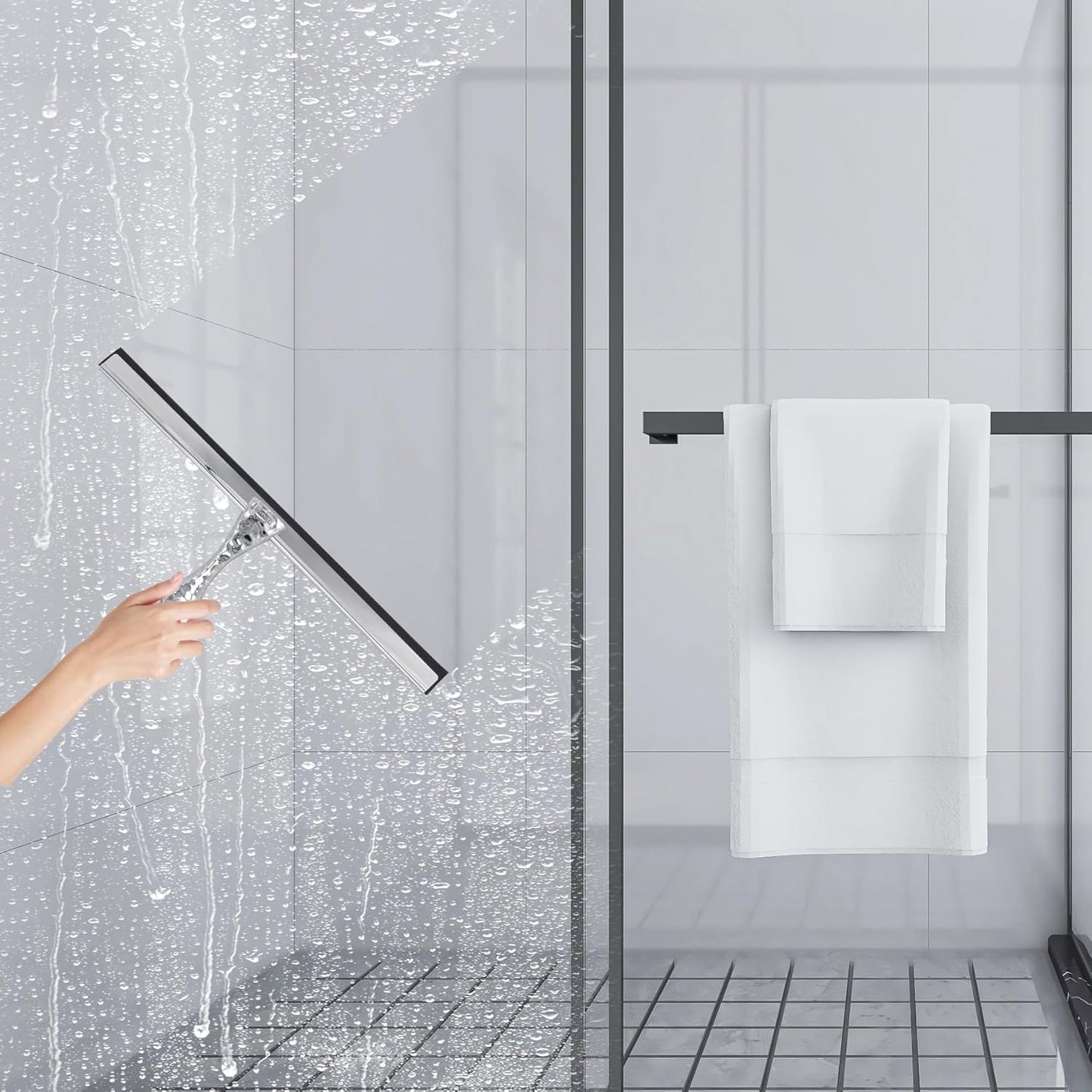 12" Silver Shower Squeegee with Hammered Handle & Waterproof Hook for Glass Doors, Silicone Bathroom Tile Wall and Car Window - Streak-Free Handheld Squeegee