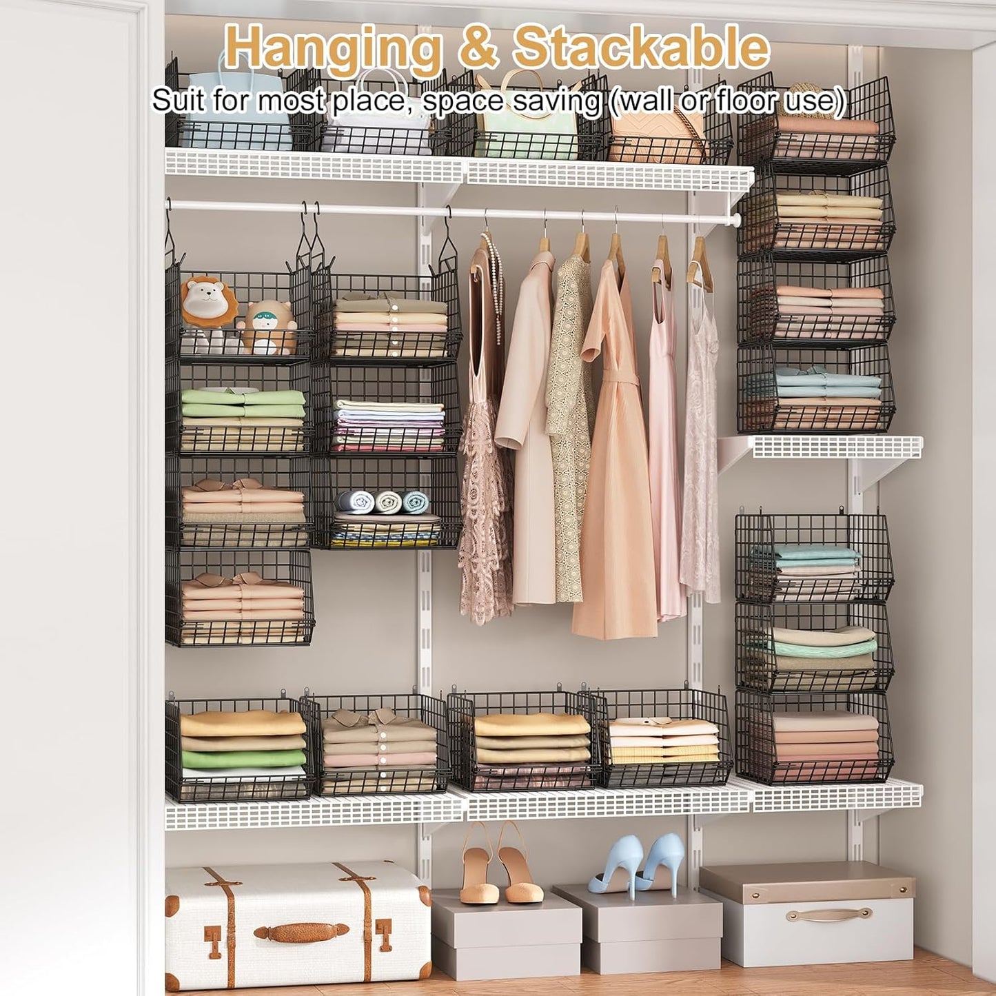 6 Tier Closet Hanging Organizer, Clothes Hanging Shelves with 4 Hanging Hooks 5 S Hooks, Wire Storage Basket Bins, for Clothing Sweaters Shoes Handbags Clutches Accessories Patent Design-Black