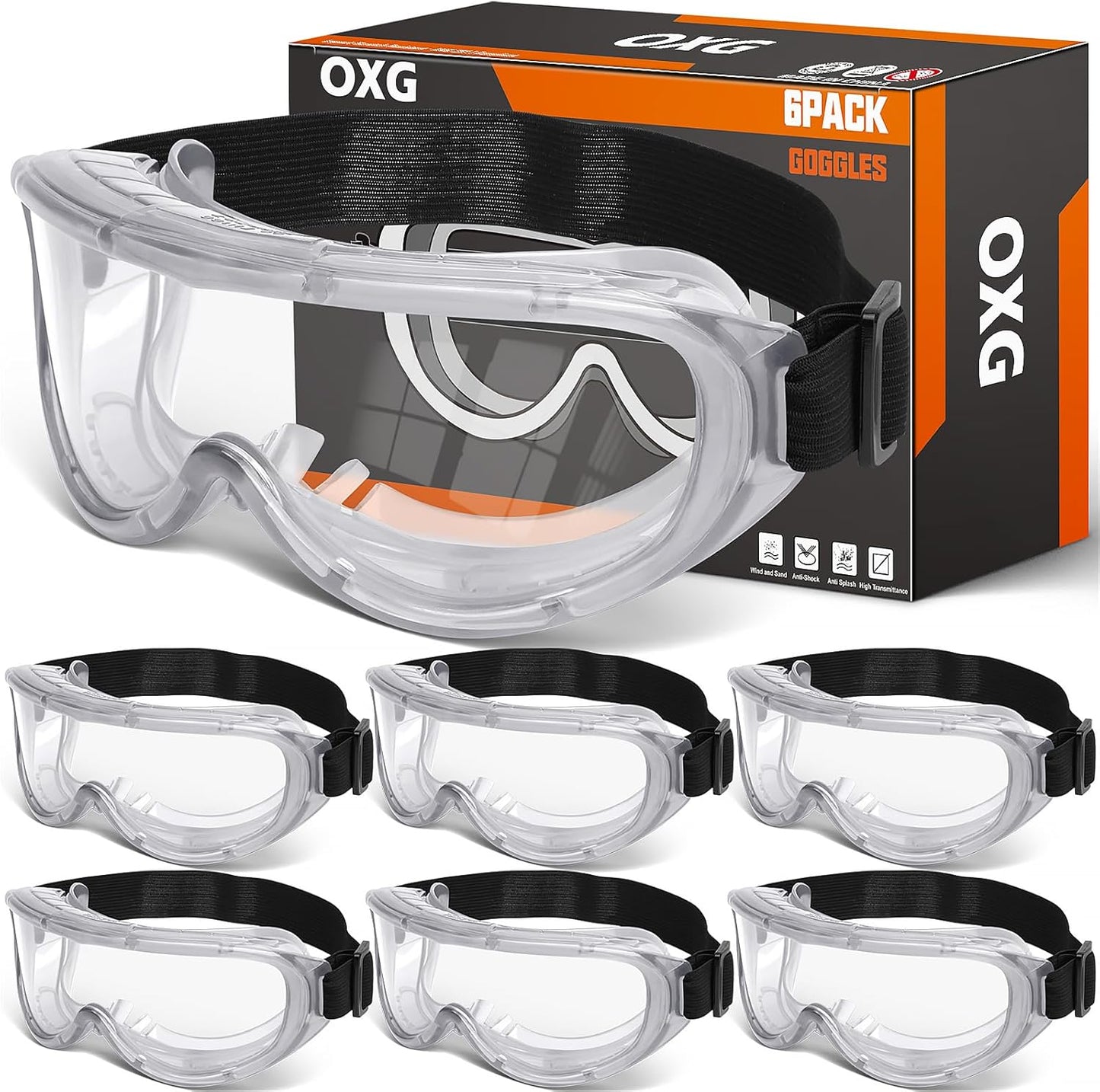 OXG 6 Pack Protective Safety Goggles Anti-Fog, Adjustable Chemical Splash Eye Protection Science Lab Goggles for Women Men