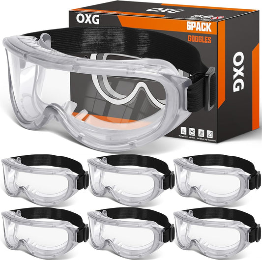 OXG 6 Pack Protective Safety Goggles Anti-Fog, Adjustable Chemical Splash Eye Protection Science Lab Goggles for Women Men