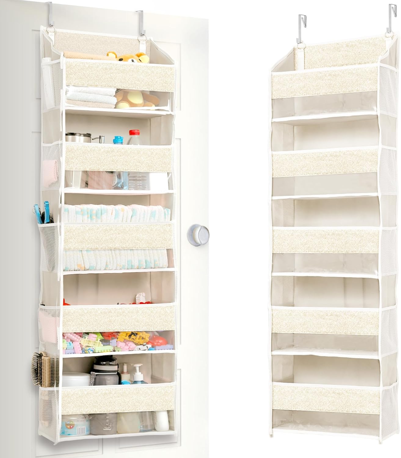 ULG 1 Pack Over Door Organizer with 5 Large Pockets 10 Mesh Side Pockets, Upgraded Linen Texture Over The Door Storage, 44 lbs Weight Capacity Hanging Storage Organizer, Ivory