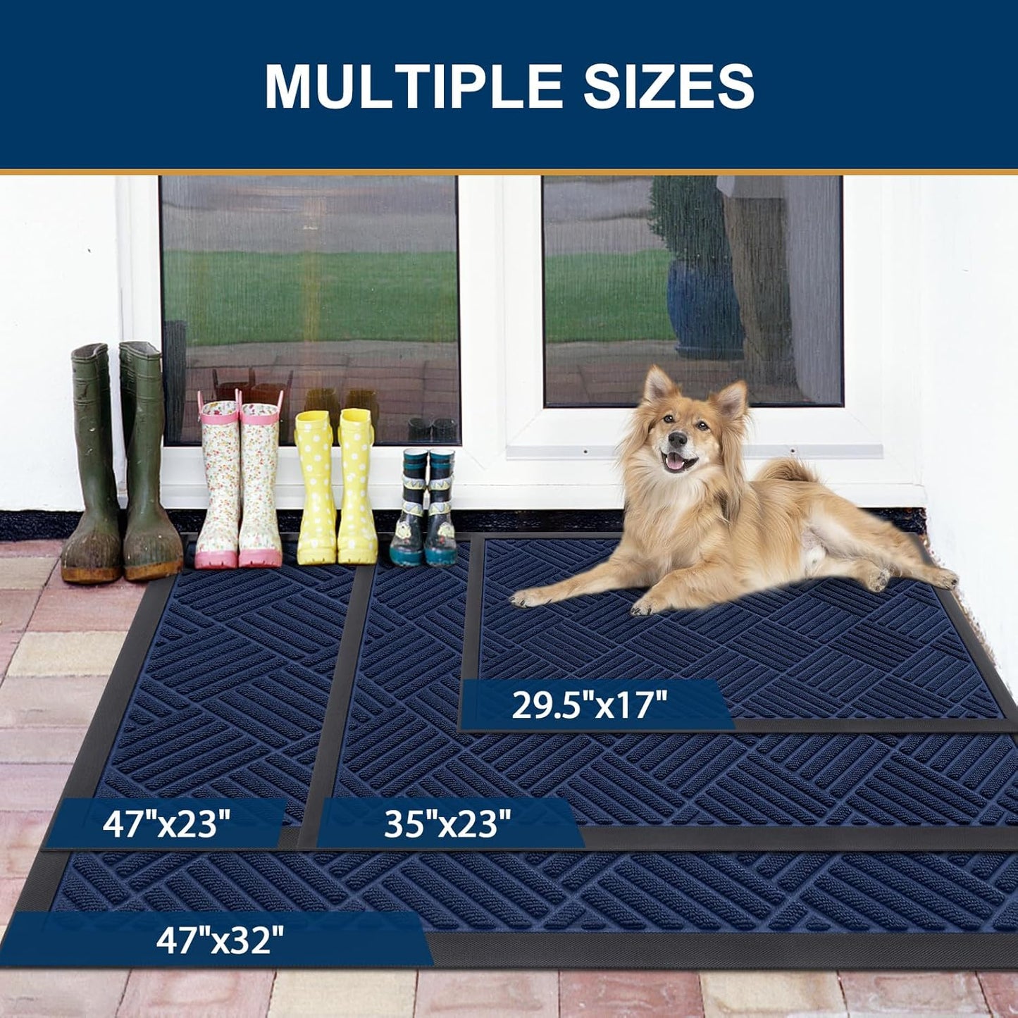 Smiry Front Door Mat Outside Entrance, Heavy Duty Outdoor Indoor Natural Rubber Doormat, Non Slip, Trap Dirt and Moisture, Easy Clean, Low Profile Patio Porch Entryway Mat, 71x23, Navy Blue