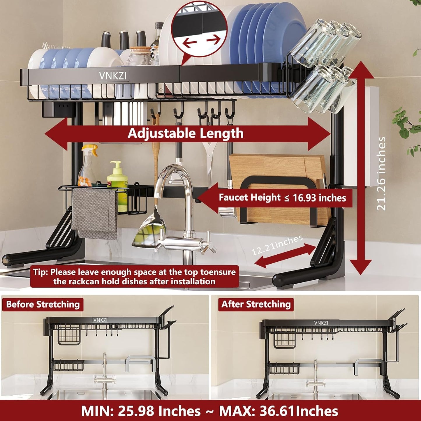 VNKZI Over Sink Dish Drying Rack, 2 Tier Full Stainless Steel Storage Adjustable Length (25.98'' to 36.61'') Kitchen Rack, Multifunctional Expandable Counter Organizer, Space Saver Dish Rack