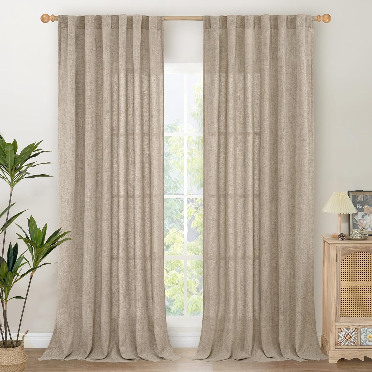 YoungsTex Dark Oatmeal Linen Curtains 102 Inch Length for Living Room, Long Semi Sheer Drapes with Rod Pocket Back Tab Light Filtering for Office Dining Bedroom, 2 Panels, 52 X 102 Inch
