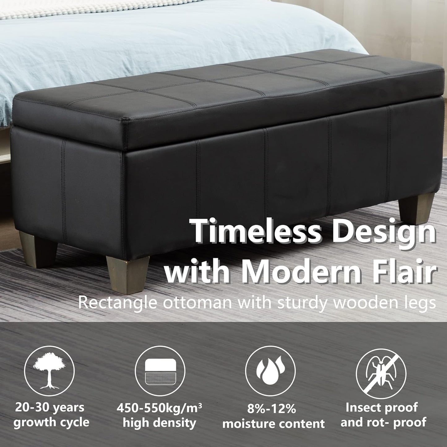 Black Faux Leather Ottoman with Storage, Rectangular Extra Long Storage Bench for Bedroom and Living Room