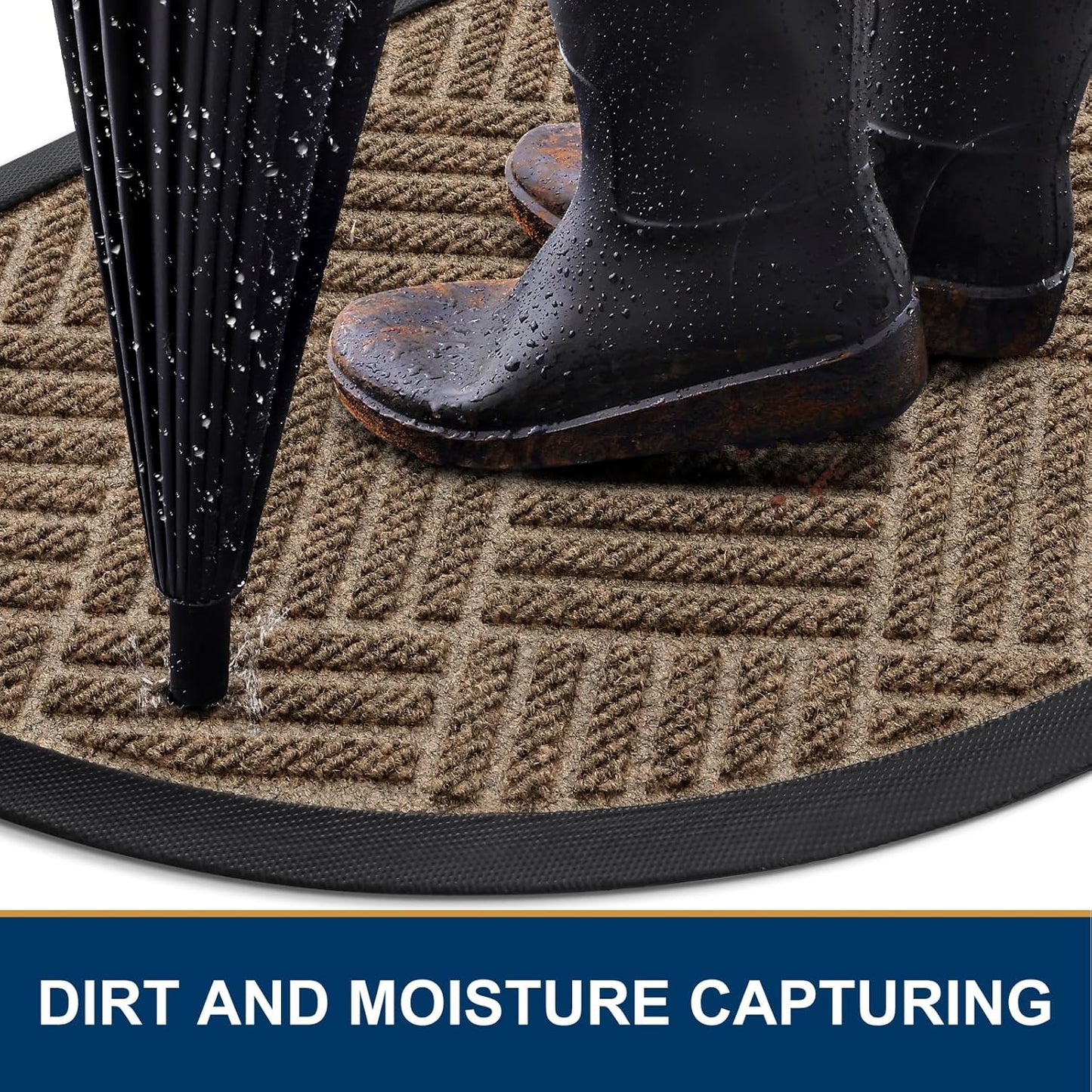 Smiry Half Circle Front Door Mat Outside Entrance, Heavy Duty Outdoor Indoor Natural Rubber Doormat, Non Slip, Trap Dirt and Moisture, Easy Clean, Low Profile Patio Porch Entryway Mat, 29.5x17, Brown