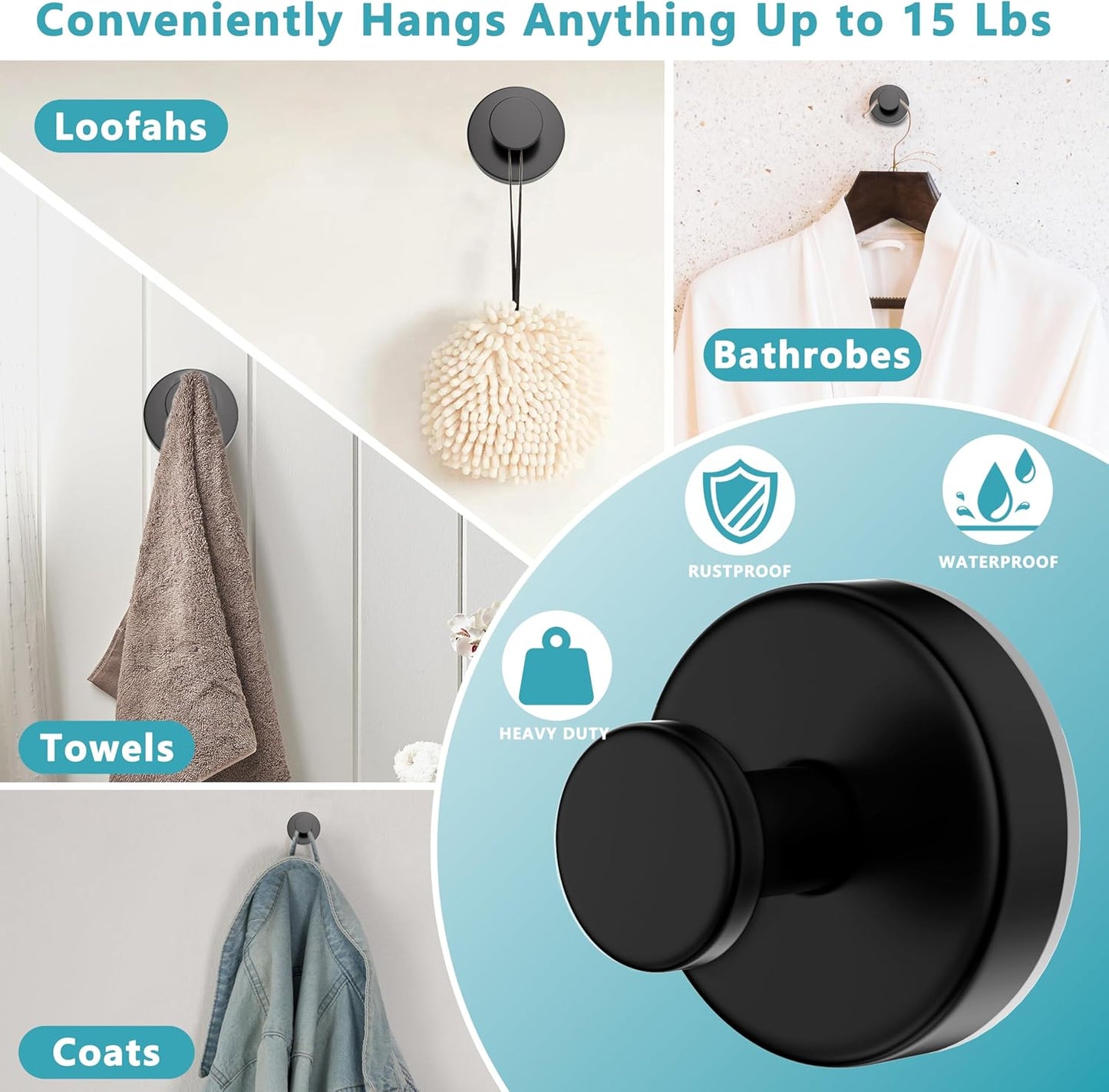 Suction Cup Hooks for Shower,Removable No Drill Towel Hooks,Upgraded 15 lbs Strong Suction hooks for Bathroom Tile,Shower Wall,Glass Door,Kitchen-Loofah,Coat,Stainless Waterproof-Matte Black 4 Pcs