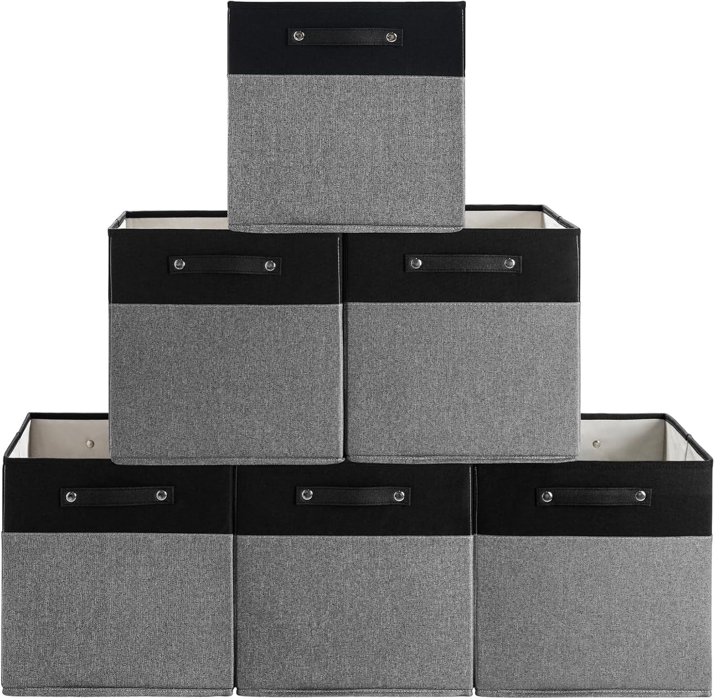 13 x 13 Inch Fine Linen Storage Bins with Handles，Fabric Cube Boxs，Collapsible Basket Organizers for Shelves for Home, Closet Drawers (Black/Gray-6 Pack)