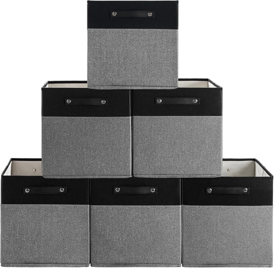 13 x 13 Inch Fine Linen Storage Bins with Handles，Fabric Cube Boxs，Collapsible Basket Organizers for Shelves for Home, Closet Drawers (Black/Gray-6 Pack)