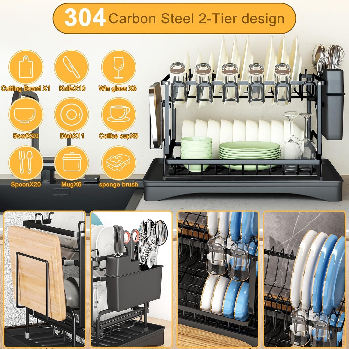 Dish Drying Rack Carbon Steel Dish Rack for Kitchen Counter, 2-Tier Kitchen Organizers and Storage Rack with Drainboard and Cutlery Holder, Large