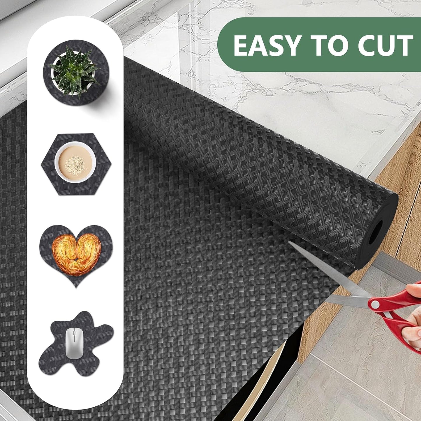 Shelf Liners, Non-Adhesive Drawer Liner, Waterproof & Oil-Proof Kitchen Cabinet Cupboard Liner Plastic EVA Material BPA Free Fridge Liner Mats Paper Protector for Shelves (Black/12in x 120in)