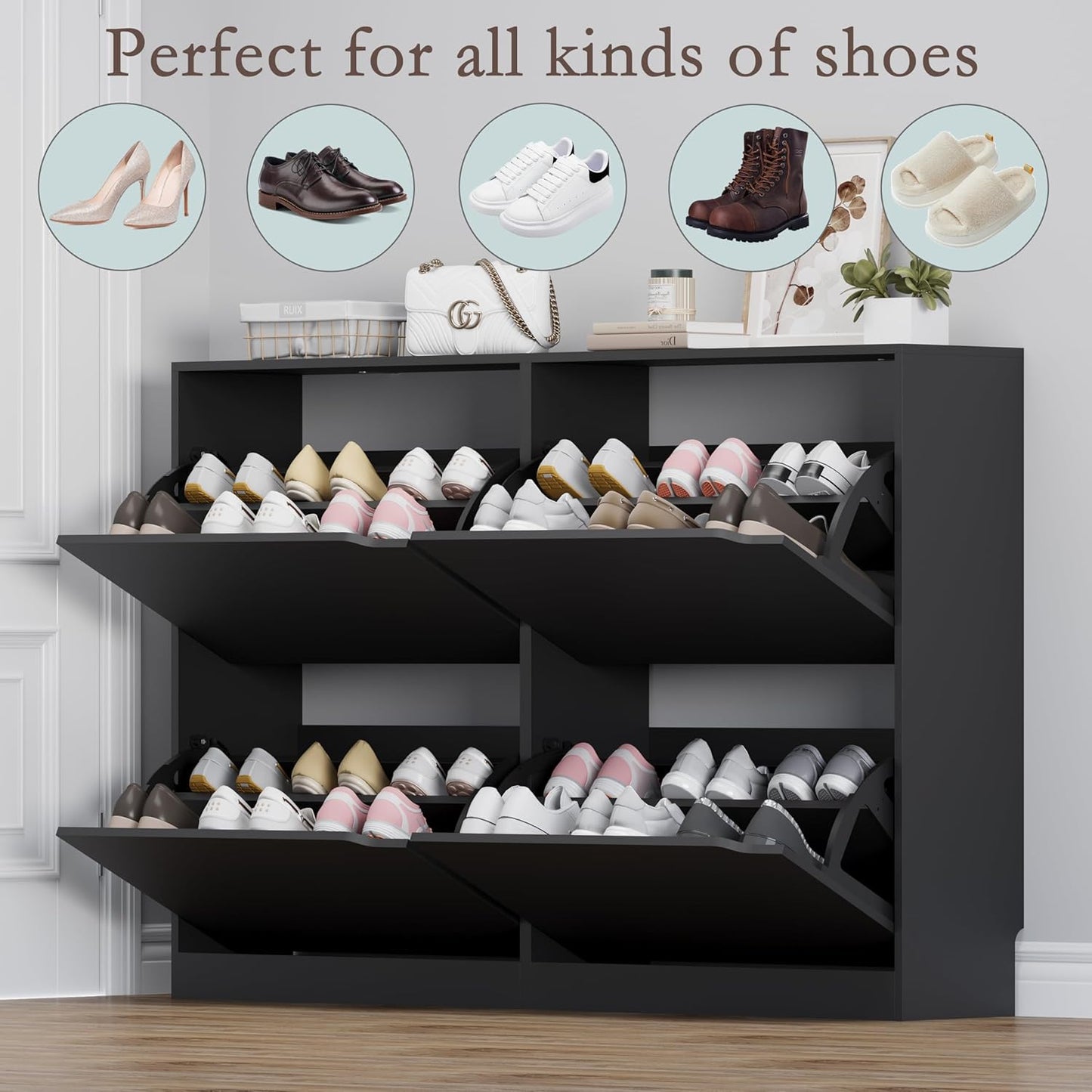 Shoe Cabinet with 4 Flip Drawers, Narrow Hidden Shoe Storage Cabinet, Slim Freestanding Shoe Rack Organizer for Entryway, Hallway, Bedroom, Living Room