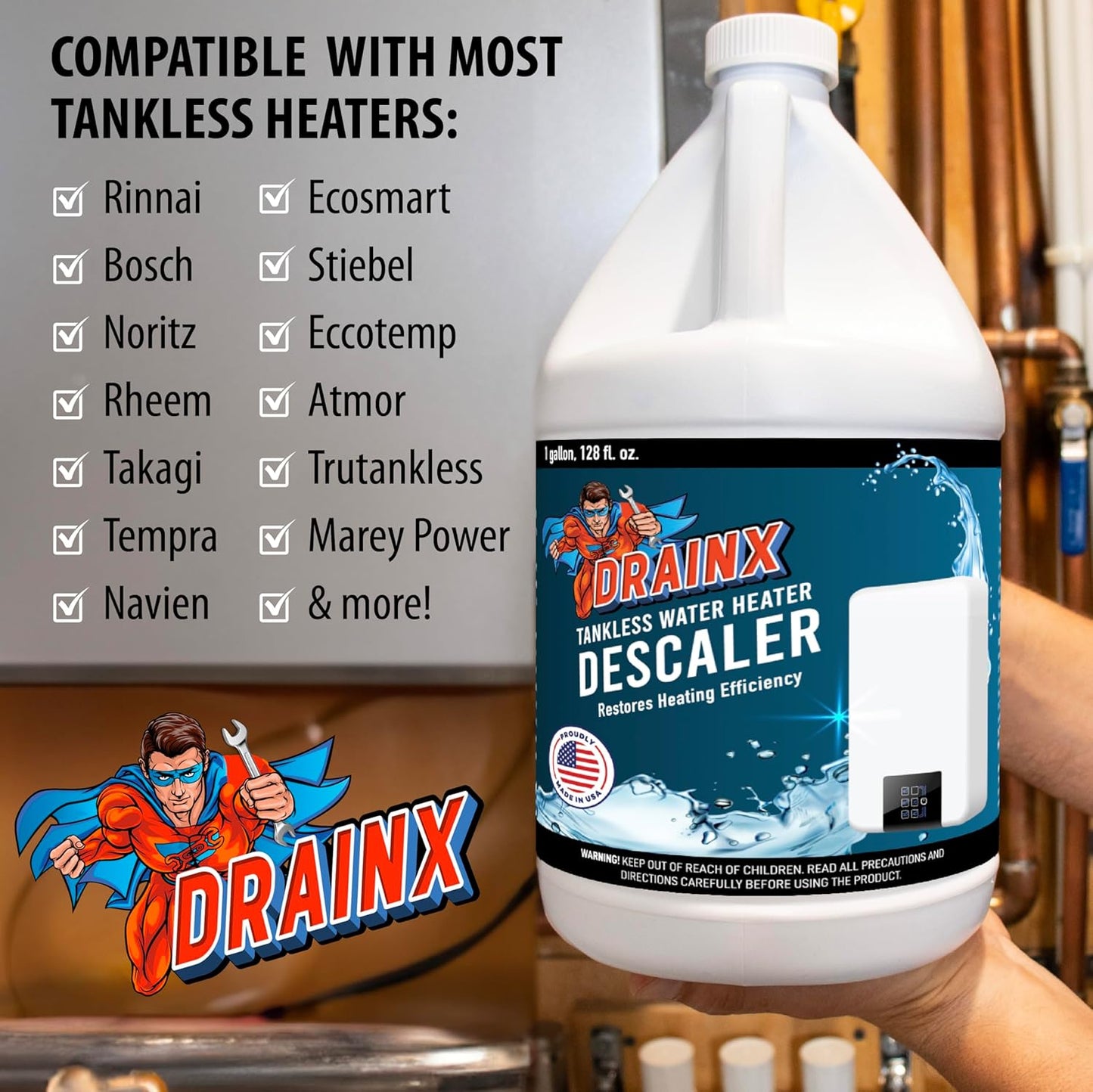 DrainX Tankless Water Heater Descaling Solution | Highly Effective Descaler Restores Heating Efficiency, Gallon, 128 fl oz