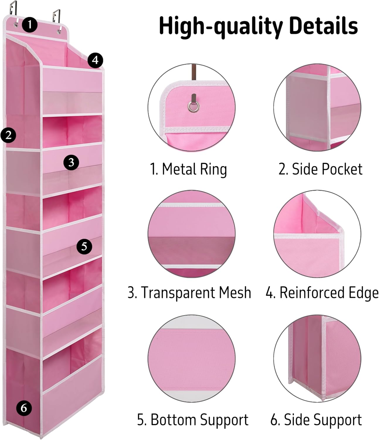 Over Door Organizer with 5 Large Pockets, Heavy Duty Hanging Organizer Storage, Closet Bathroom Nursery Bedroom Dorm, Toys Cosmetics Sundries and Baby Essentials, Pink