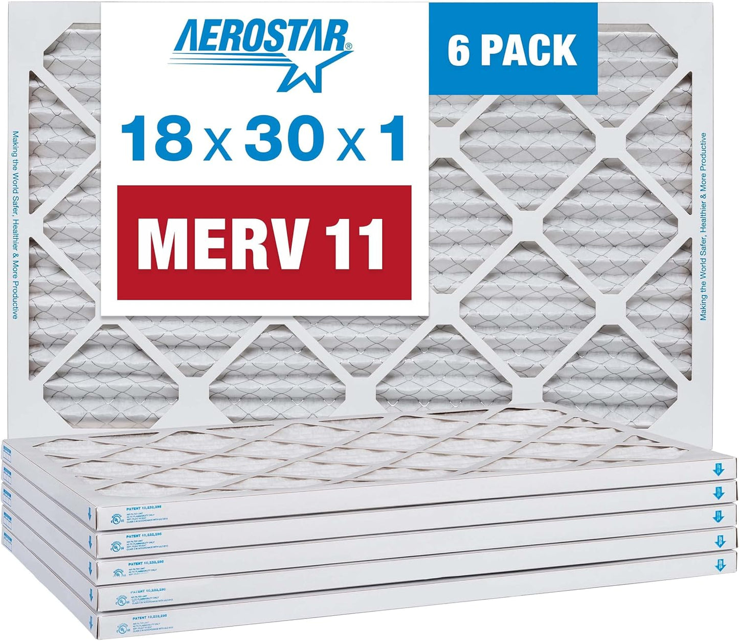 Aerostar 18x30x1 MERV 11 Pleated Air Filter, AC Furnace Air Filter, 6 Pack (Actual Size: 17 3/4" x 29 3/4" x 3/4")