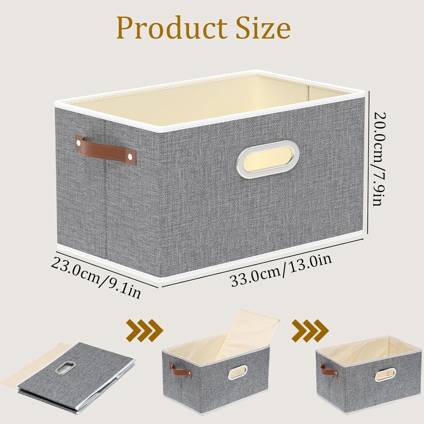 Yawinhe Fabric Storage Baskets, Foldable Closet Organizer for Shelves, Large Boxes with 3 Handles, Canvas Bins for Clothes, Grey, 12.99''Lx9.05''Wx7.87''H, 4-Pack