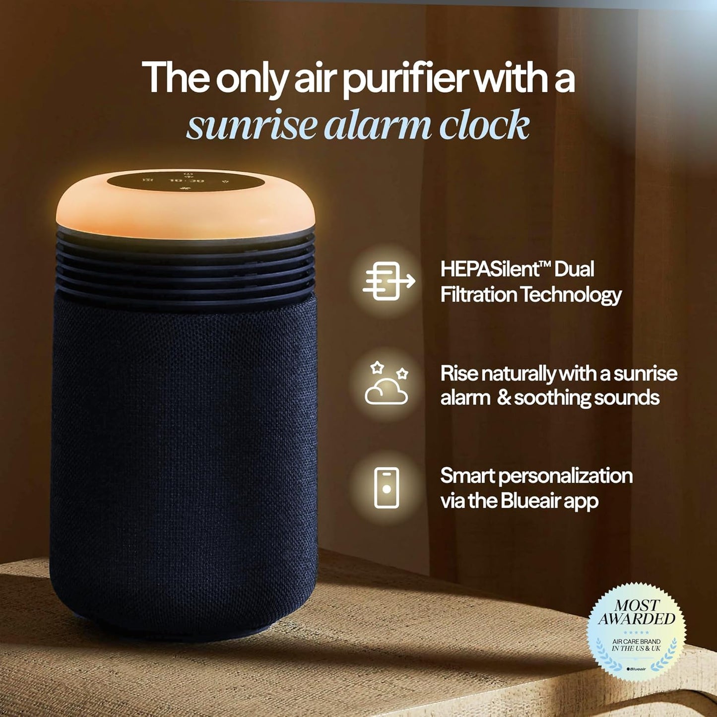 BLUEAIR Purifier for Bedroom - Mini Restful - Sunrise Clock with HEPASilent Filtration and Wake Up Light - Cleans Air and Supports Circadian Rhythm - USB-C and App Connectivity, Blue