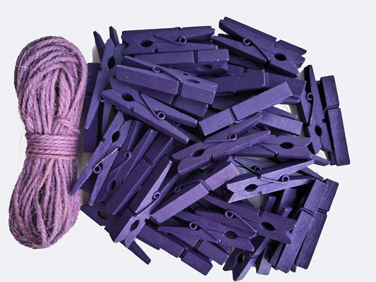 1.9 Inch Purple Wooden Clothes Pins with Strong Craft String for Pictures Papers Peg Photo Display Shirt Clips Pack 50