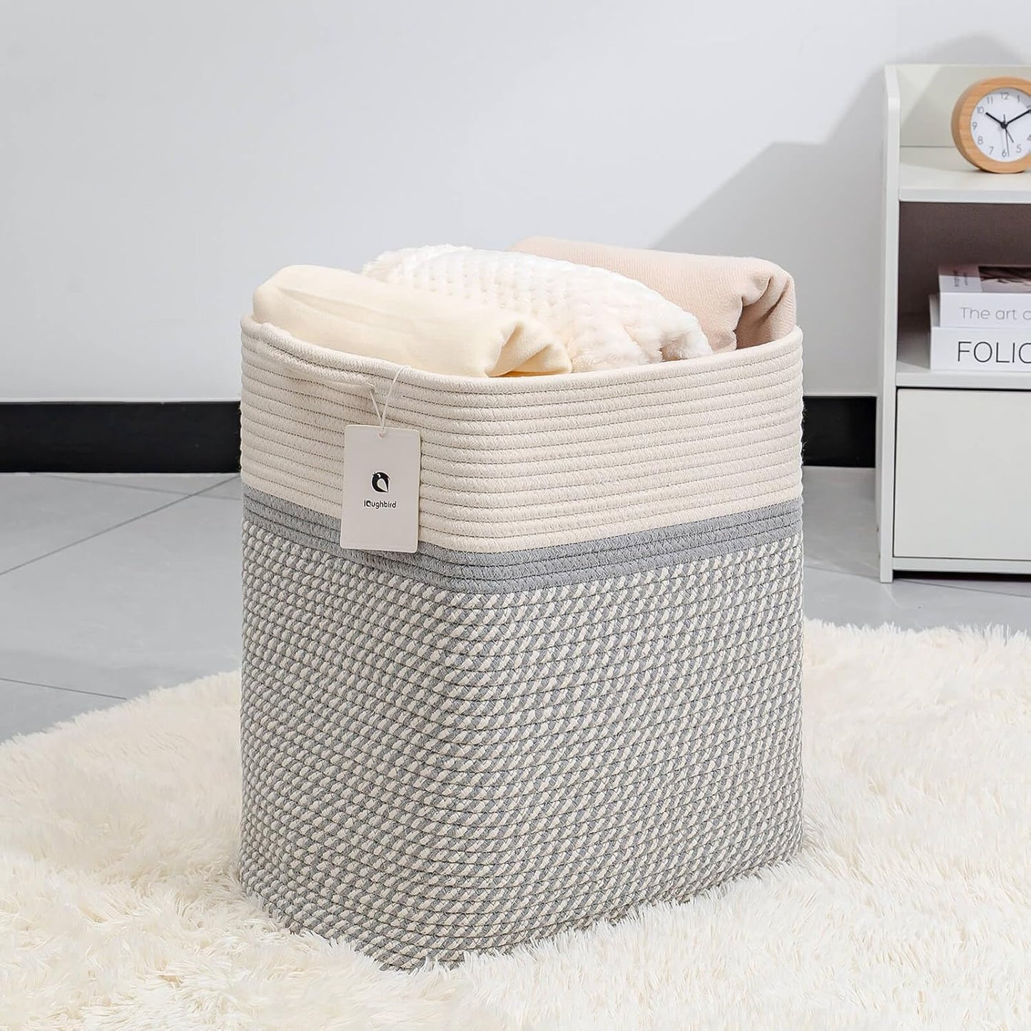 Medium and Large Woven Basket//With Handle, Used for Toys and Fabric Storage Basket used for Storing xl Storage Box, Decorative Storage Box Room (14L*15.7H TWhite/Gray, 14L*10W*15.7H)