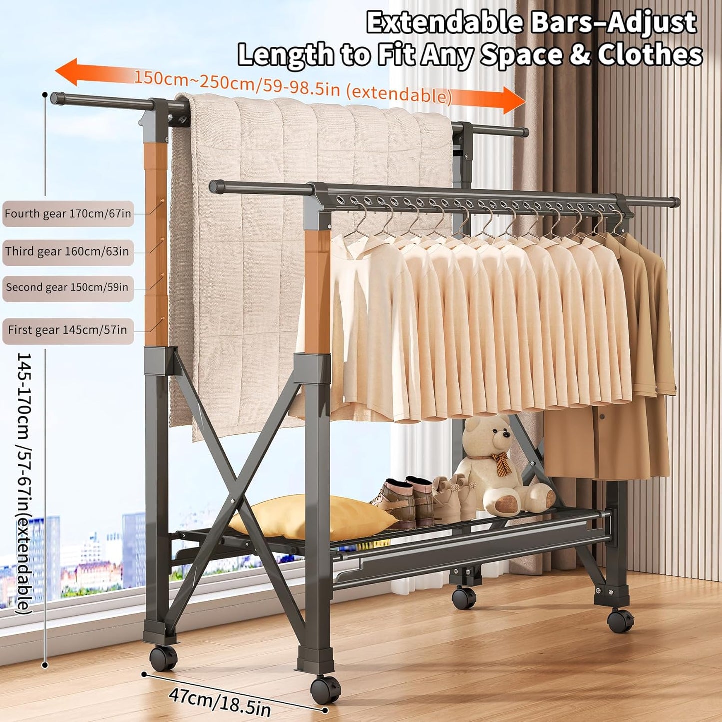 Heavy Duty Rolling Clothing Rack with Wheels, Portable Double Rod Metal Garment Rack, Clothes Drying Hanging Organizer for Laundry, Storage, Freestanding Adjustable Coat Hanger (Extendable, Grey)