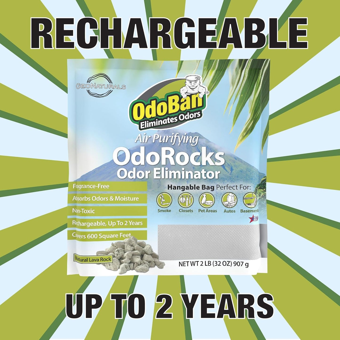 OdoBan Air Purifying OdoRocks Natural Odor Eliminator Made from Natural Volcanic Rocks, Made in the USA, Fragrance Free, 6-Pack, 2 Pounds Each