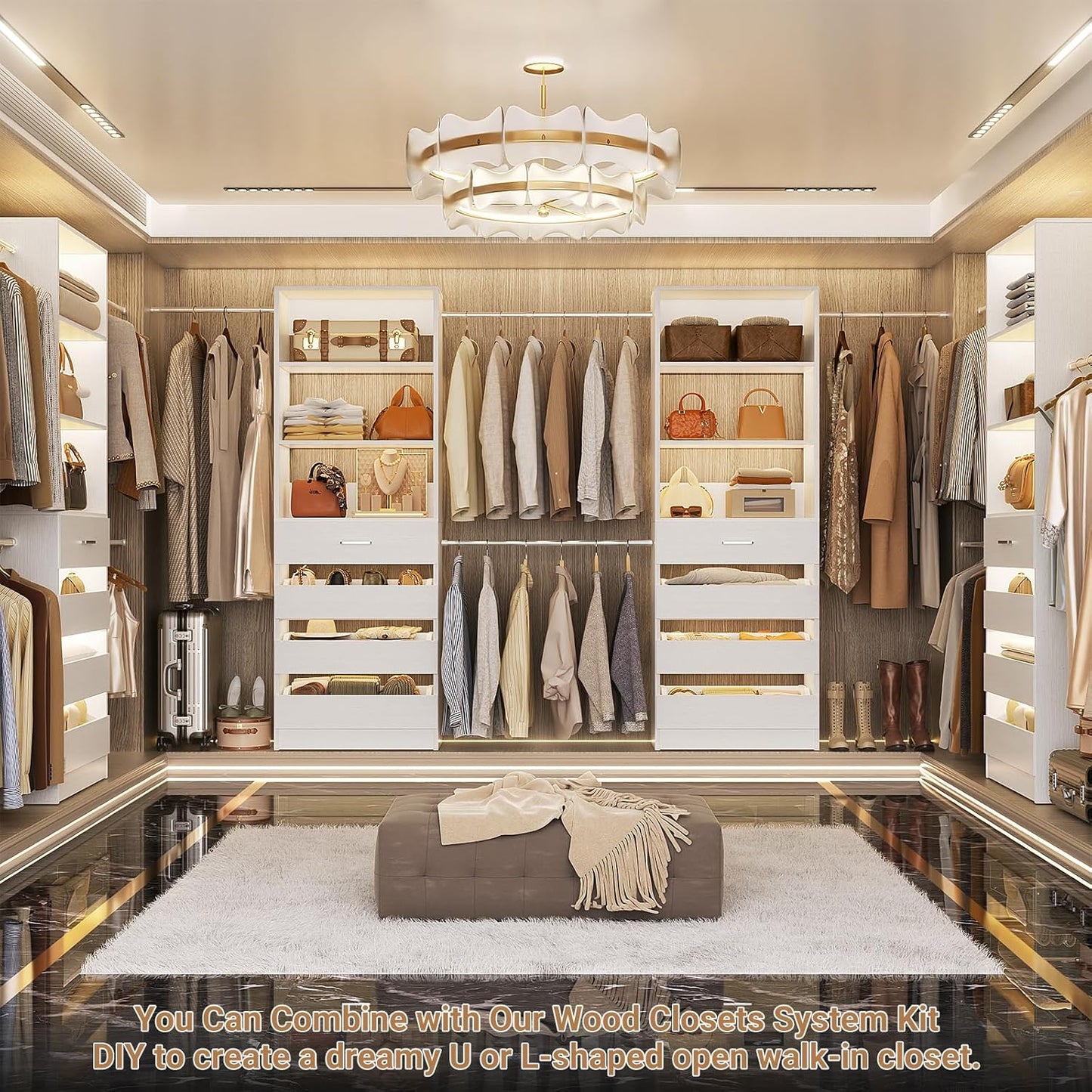 Aheaplus Closet System, 6-15Ft Closet Organizer with 8 Wooden Drawers, Wood Closet Organizer System with Tower, Walk-in Closet Organizer Wardrobe Clothes Rack with 4 Hanging Rods, Garment Rack, White