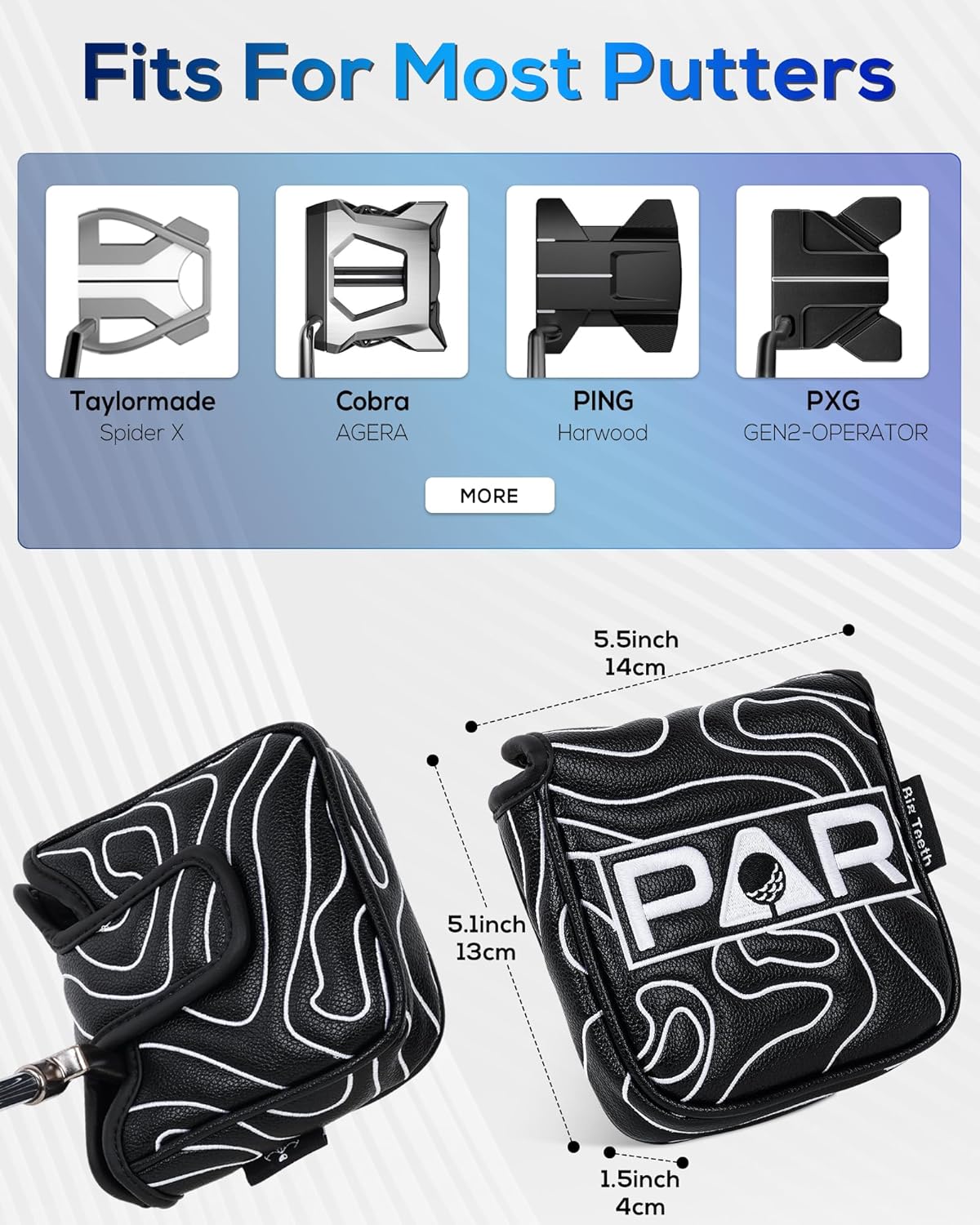 Big Teeth Golf Club Covers Full Set Driver Headcover Fairway Wood Hybrid Golf Club Iron Head Covers, Topographic Edition Putter Cover Leather Golf Head Covers Pure Black, Gifts for Men