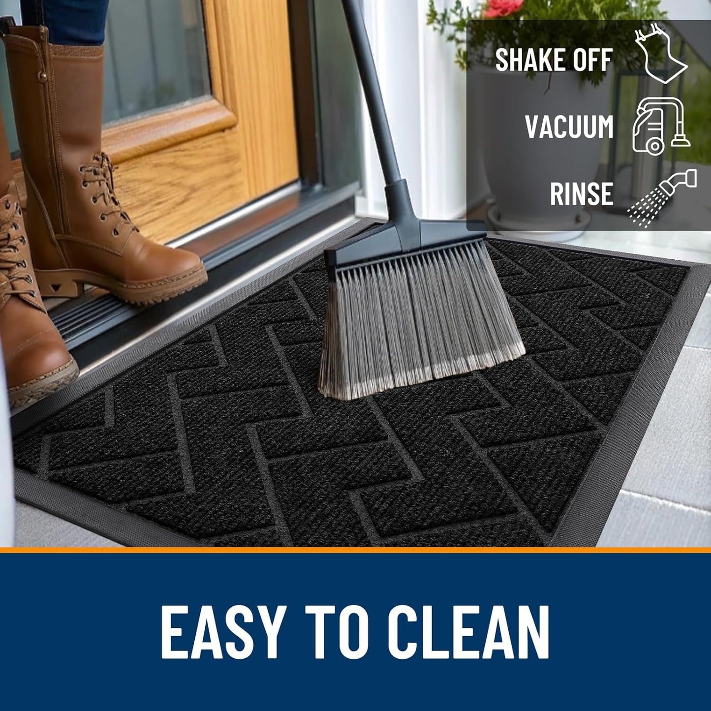 OLANLY Front Door Mat Indoor Outdoor Entrance, Waterproof All-Season, All-Weather Doormat, Sturdy Natural Rubber, Easy Clean Patio Porch Entryway Mat, Herringbone Brick (Jet Black, 29.5x17)