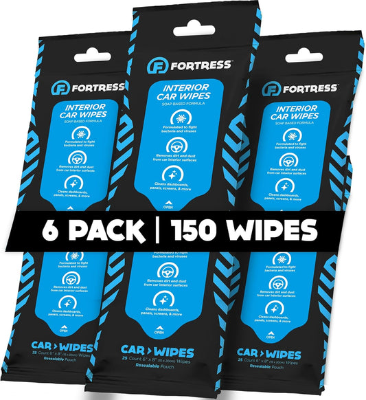 Fortress Car Interior Wipes (25 ct, Pack of 6) for Car Interior Cleaning, Dashboard, Seats, Detailing, and Steering Wheel [Travel Size] Skin-Safe Car Interior Cleaner Supplies