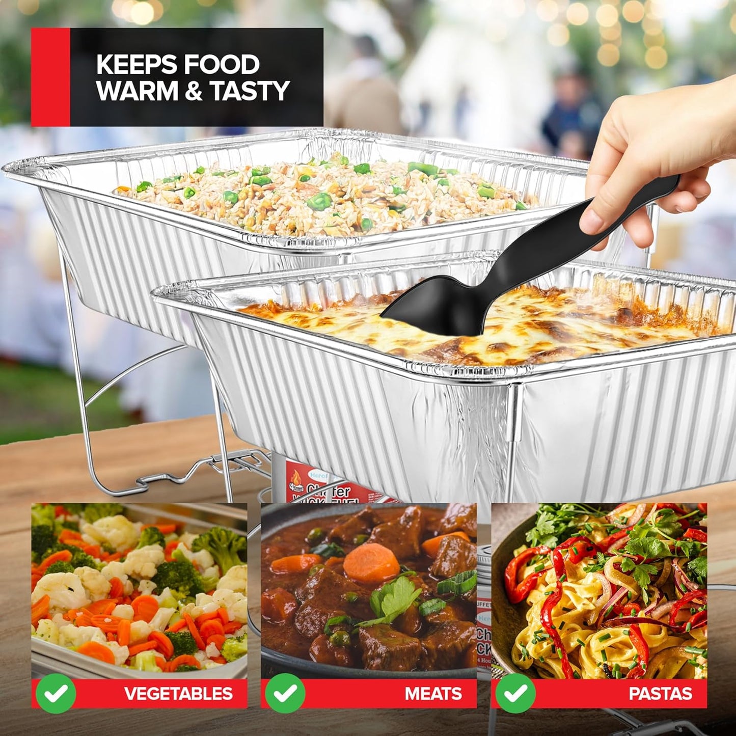 Complete Chafing Dish Buffet Set (39pc) Disposable Catering Supplies- Includes Serving Utensils, 6hr Fuel cans, 6 Half Size Chafing Pans & Wire Racks- Premium Party Food Warmer Trays