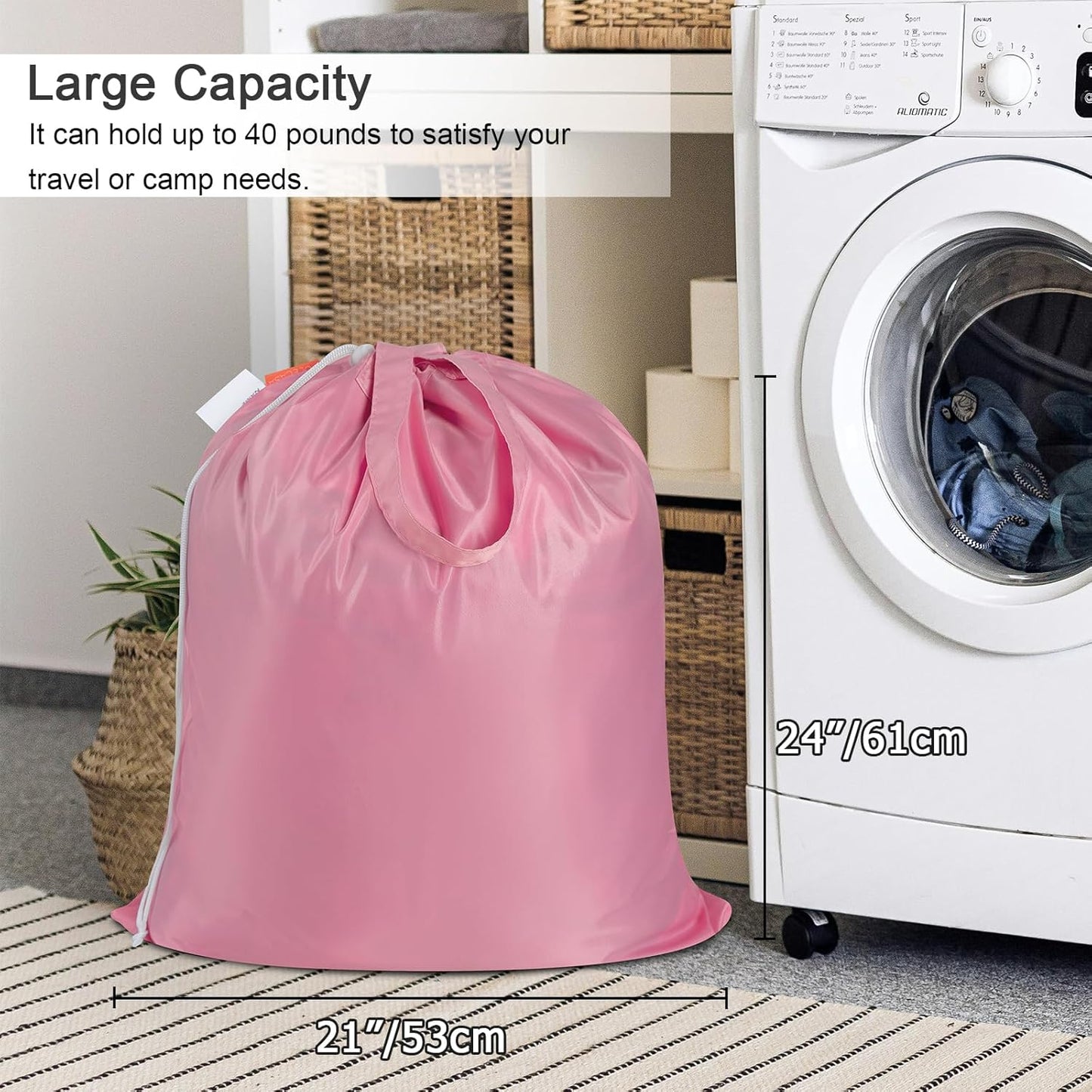 Polecasa Small Heavy Duty Laundry Bag with 130gsm Tear Resistant Fabric and Handles, Easy to Carry Durable Dirty Clothes Drawstring Bag, Perfect for College Dorm, Travel 21”x24”, Pink