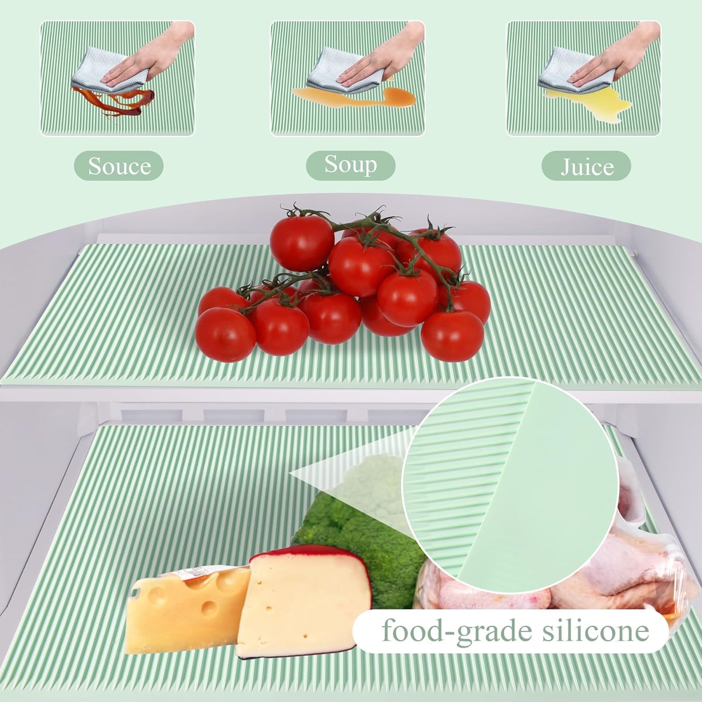 Non-Slip Silicone Refrigerator Liners for Shelves, Reusable Washable Fridge Shelf Drawer Liners, Cuttable Waterproof Oilproof Fridge Liner for Glass Shelve Kitchen Cabinet Drawer Mats (Green, 1 Pack)