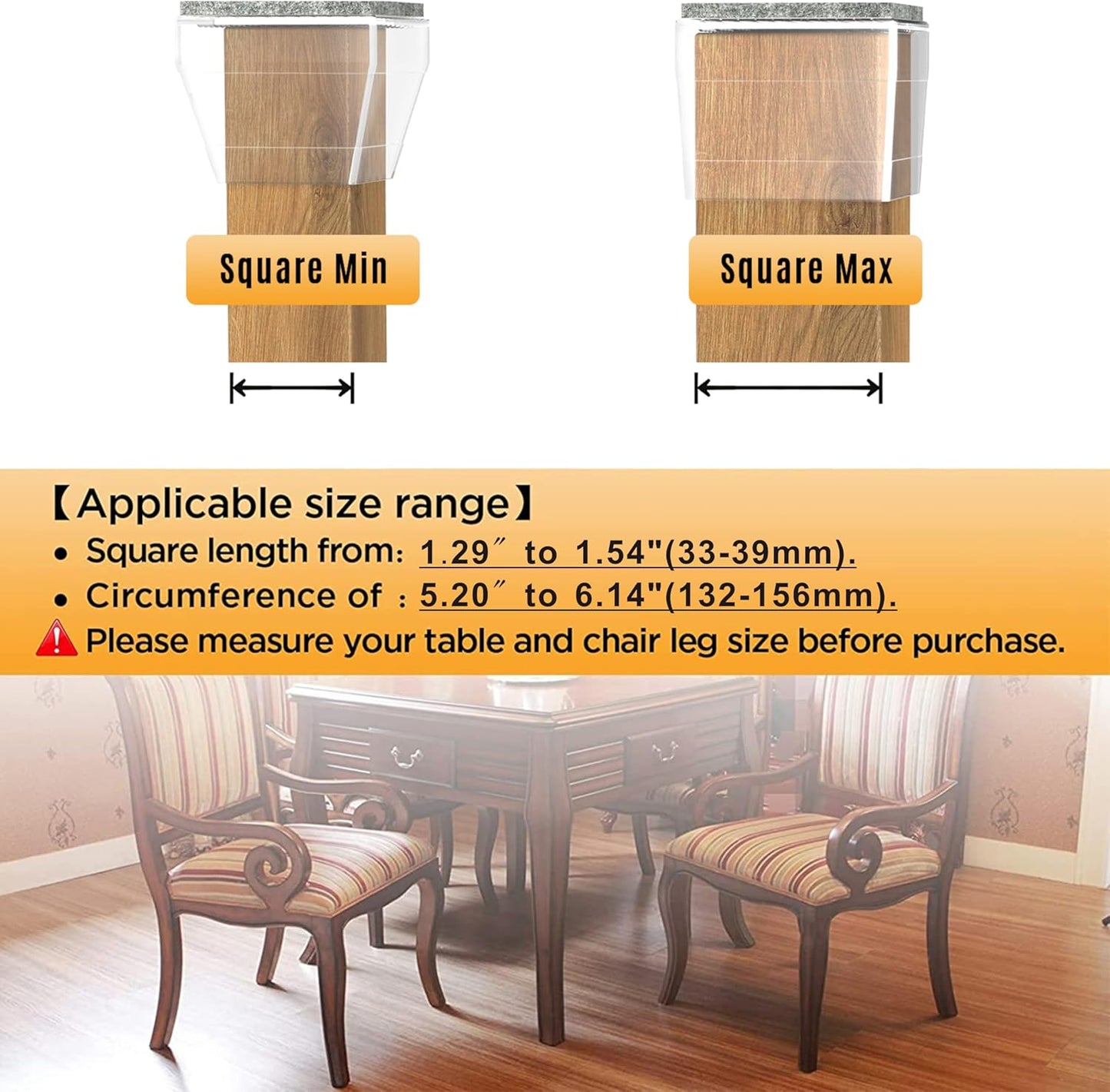 Square Chair Leg Protectors for Hardwood Floors,16 Pcs Silicone Felt Furniture Legs Caps to Prevent Floor from Scratches and Reduce Noise, Easy to Move,1.3-1.54",Clear.