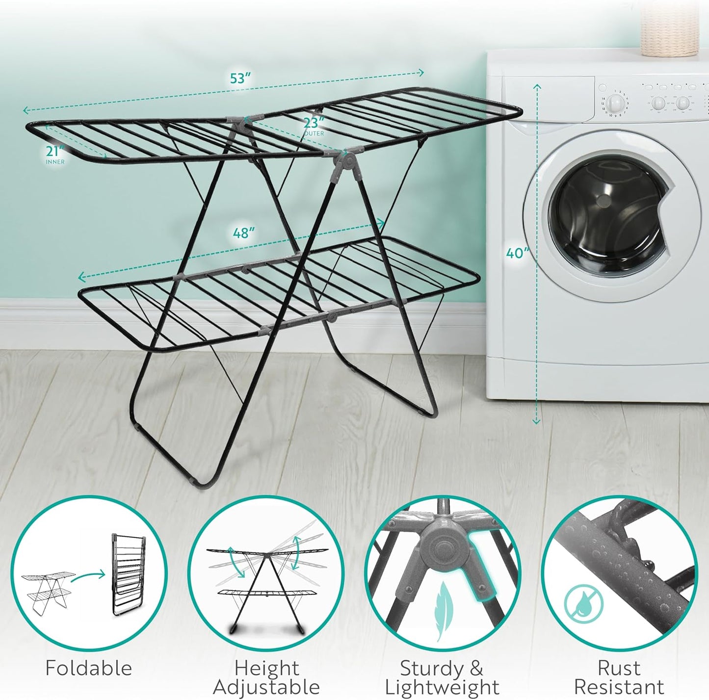 Brookstone 2 Tier Folding Rack – Indoor/Outdoor Collapsible Clothes Dryer Stand Laundry or Shoe Rack,Heavy Duty Freestanding Garment Hanger, Foldable, Portable Air Dry Holder